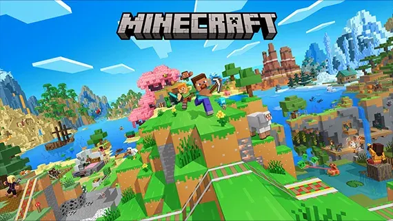 صورة ترويجية لماينكرافت تظهر شخصيات وعالمًا مبنيًا من المكعبات