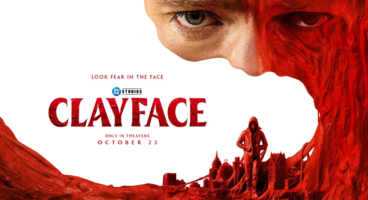 الملصق الرسمي لفيلم Clayface من DC Studios باللونين الأحمر والأبيض