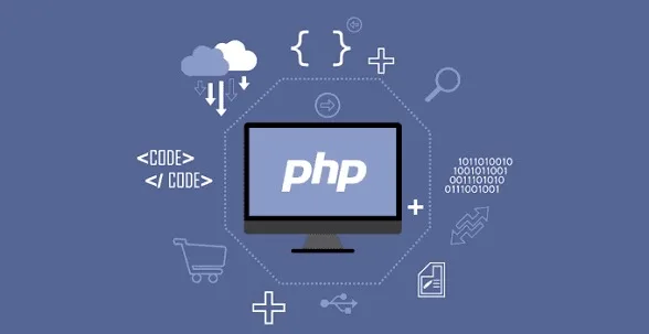 رسم توضيحي لشعار PHP على شاشة تحيط بها رموز البرمجة والخدمات الإلكترونية
