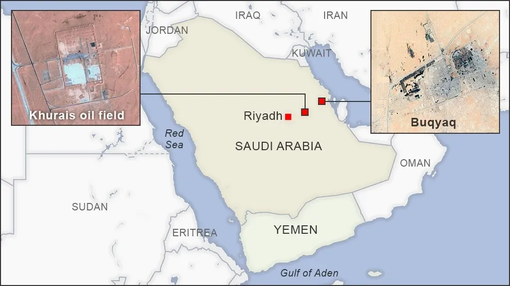 خريطة توضح موقعي بقيق وخريص في السعودية مع صور جوية للمنشأتين