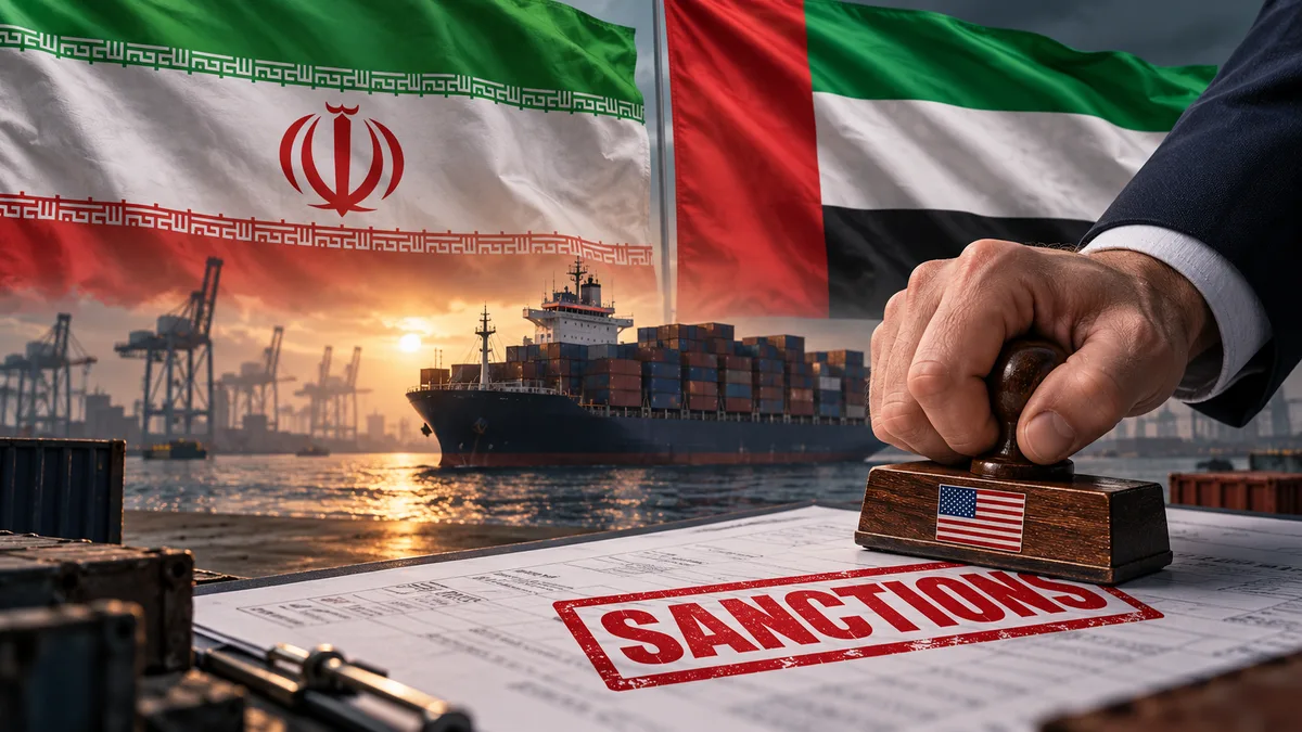 تصميم توضيحي لعلمي إيران والإمارات وسفينة شحن ويد تحمل ختم العقوبات الأمريكية SANCTIONS